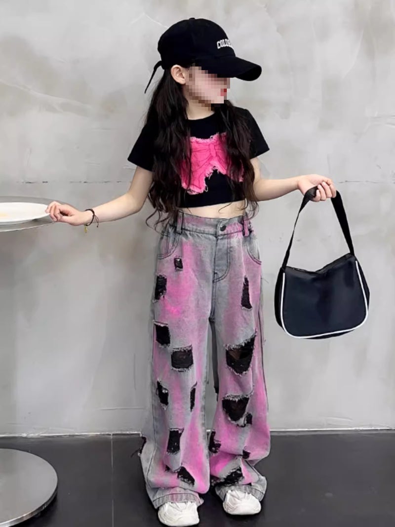 New Girls' American-Style Ripped Jeans Summer Thin New Western-Style Street-Fried Pants Straight-Leg Wide-Leg Pants - Image 1