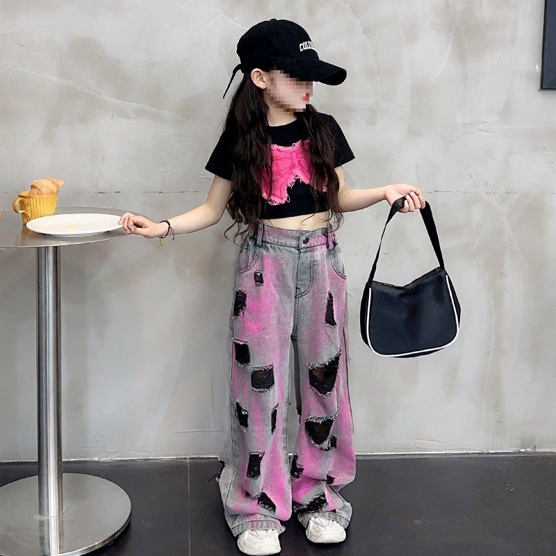 New Girls' American-Style Ripped Jeans Summer Thin New Western-Style Street-Fried Pants Straight-Leg Wide-Leg Pants - Image 4