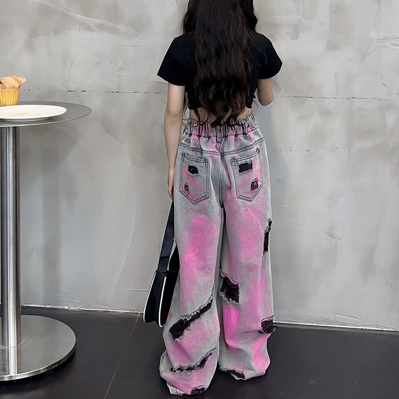 New Girls' American-Style Ripped Jeans Summer Thin New Western-Style Street-Fried Pants Straight-Leg Wide-Leg Pants - Image 5