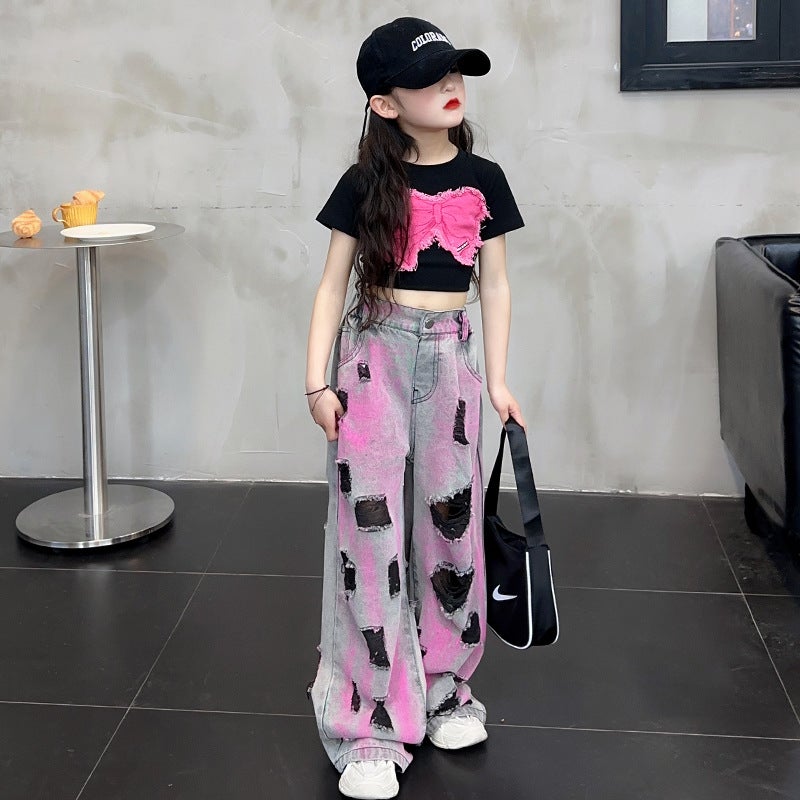 New Girls' American-Style Ripped Jeans Summer Thin New Western-Style Street-Fried Pants Straight-Leg Wide-Leg Pants - Image 3