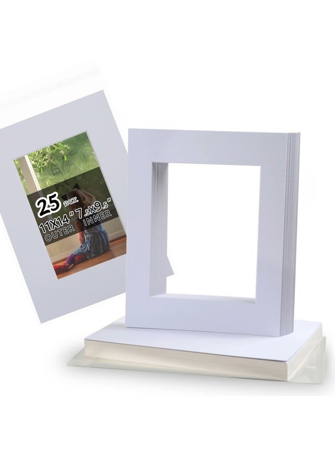 Falling In art Acid Free 25 Pack 11x14 Pre-Cut Mat Board Show Kit for 8x10 Photos, Prints or Artworks, 25 Core Bevel Cut Matts and 25 Backing Boards and 25 Crystal Plastic Bags, White - Image 1