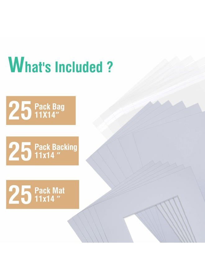 Falling In art Acid Free 25 Pack 11x14 Pre-Cut Mat Board Show Kit for 8x10 Photos, Prints or Artworks, 25 Core Bevel Cut Matts and 25 Backing Boards and 25 Crystal Plastic Bags, White - Image 3