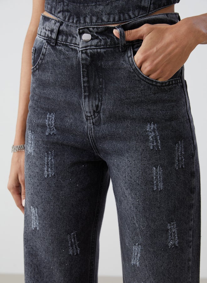 LC WAIKIKI Wide Leg Ripped Detailed Women's Jean Trousers - Image 3