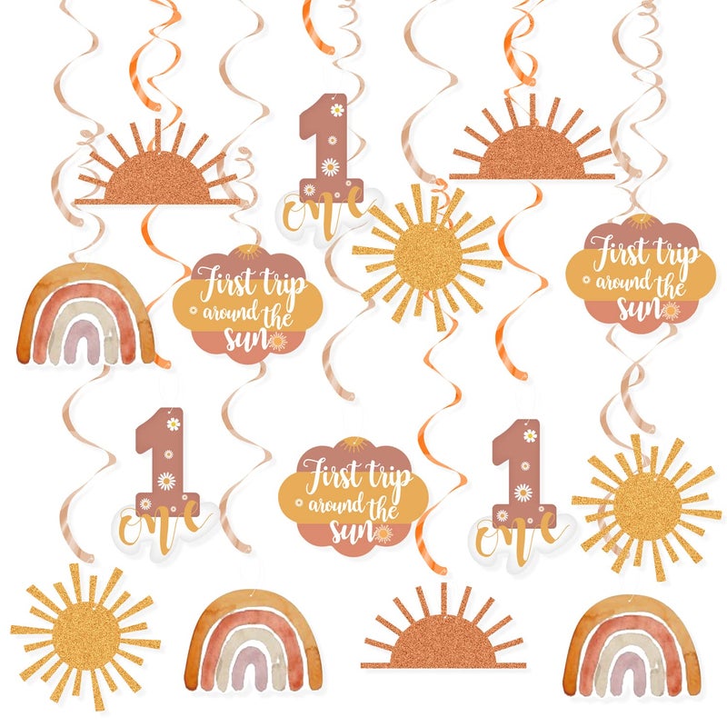 K KUMEED First Trip Around The Sun Boho Sun 1st Birthday Decorations 20pcs Ceiling Hanging Swirls You are My Sunshine Party Decorations for Girl Boy