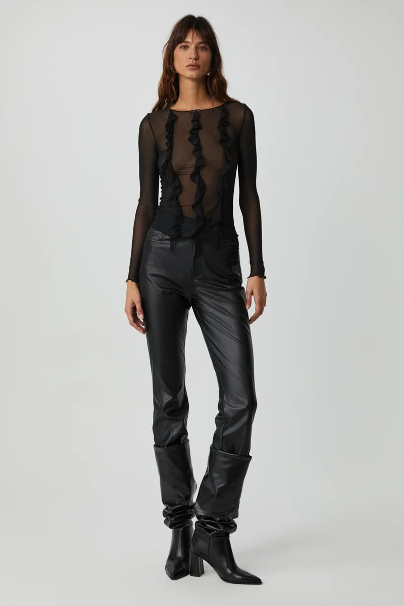 GRIMELANGE Aliyah Women's Slim Fit Long Sleeve Black Blouse