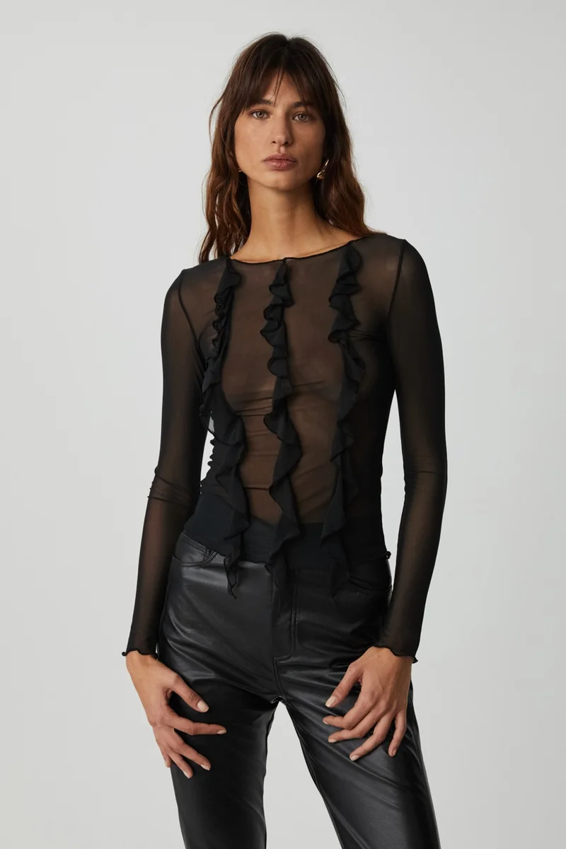 GRIMELANGE Aliyah Women's Slim Fit Long Sleeve Black Blouse