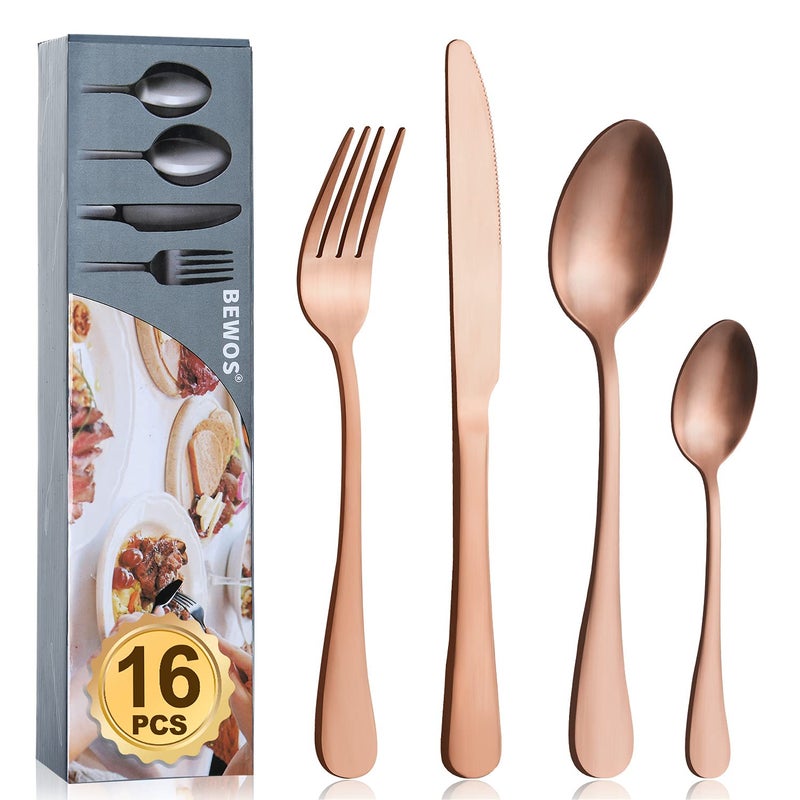 Cutlery Set BEWOS 16Piece Stainless Steel Flatware Set Tableware Silverware Set with Matt Rose Gold Spoon Knife and Fork Set Service for 4 Dishwasher SafeEasy Clean