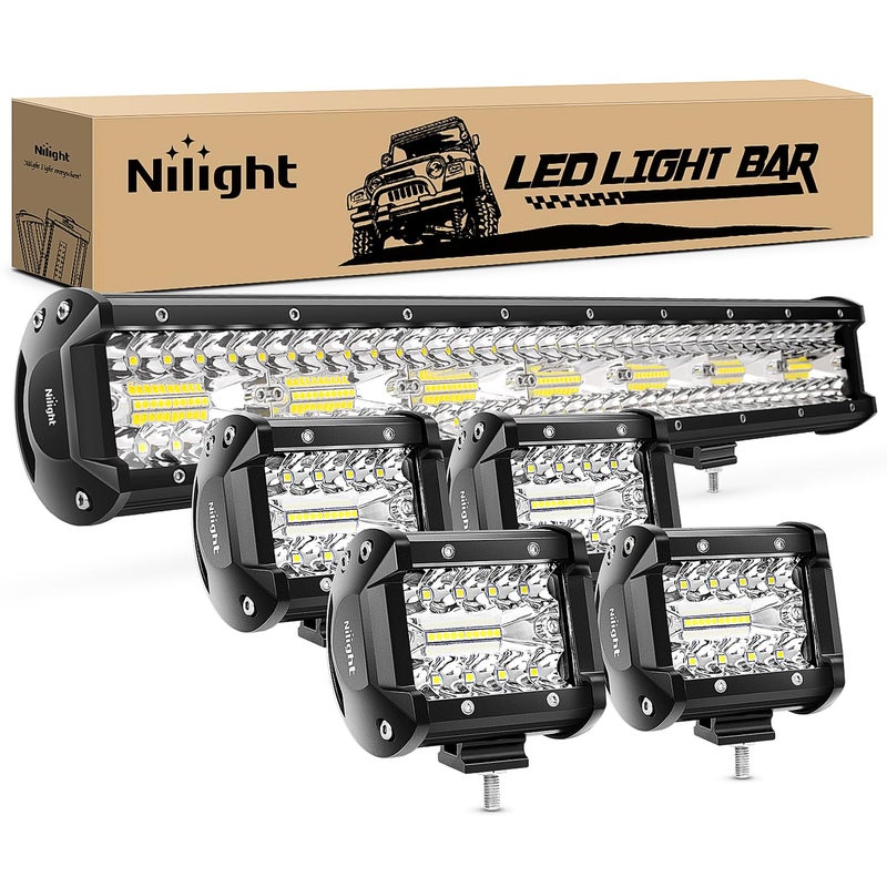 Nilight 20 Inch 420W Triple Row Flood Spot Combo Led Light Bar 4PCS 4Inch 60W LED Pods Driving Boat Lights Led Off Road Trucks Lights , 2 Years Warranty (ZH415), Black - Image 5
