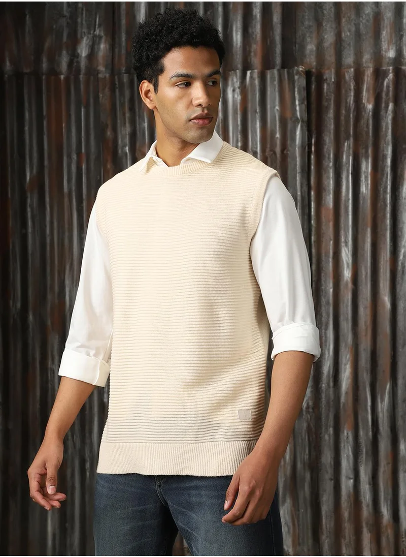 HIGH STAR Men's Off White 100% Acrylic Solid Relaxed Fit Sweater