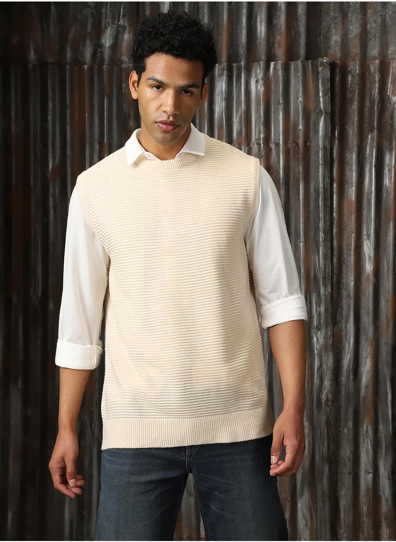 HIGH STAR Men's Off White 100% Acrylic Solid Relaxed Fit Sweater