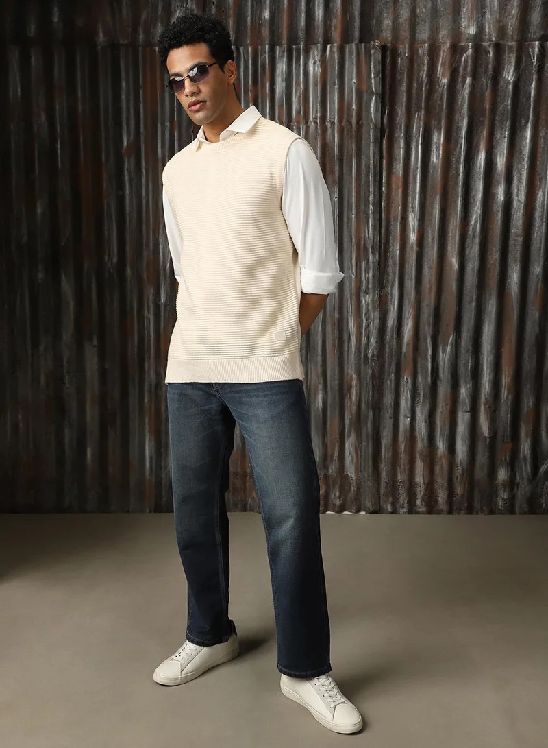 HIGH STAR Men's Off White 100% Acrylic Solid Relaxed Fit Sweater