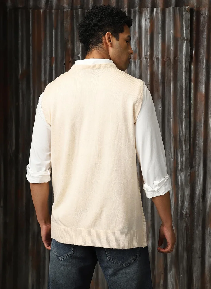 HIGH STAR Men's Off White 100% Acrylic Solid Relaxed Fit Sweater
