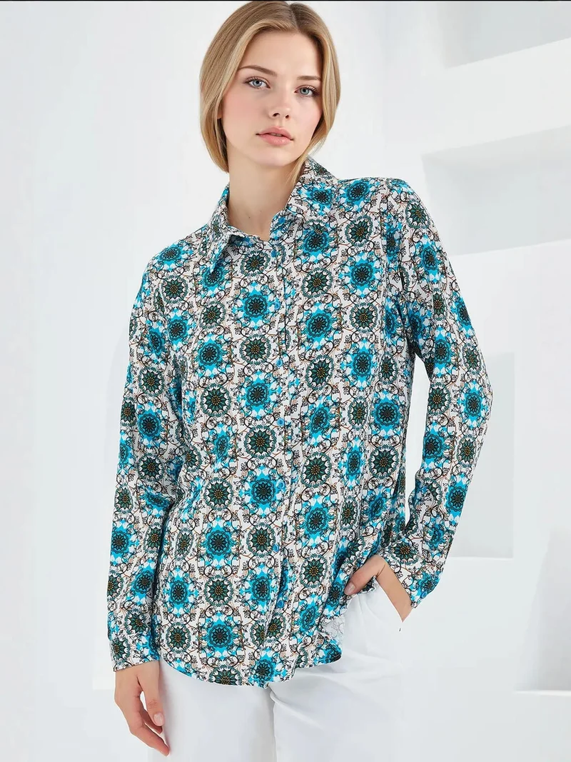 Big Dart Baby Blue BDART Patterned Long Sleeve Shirt for Women | Best Price UAE