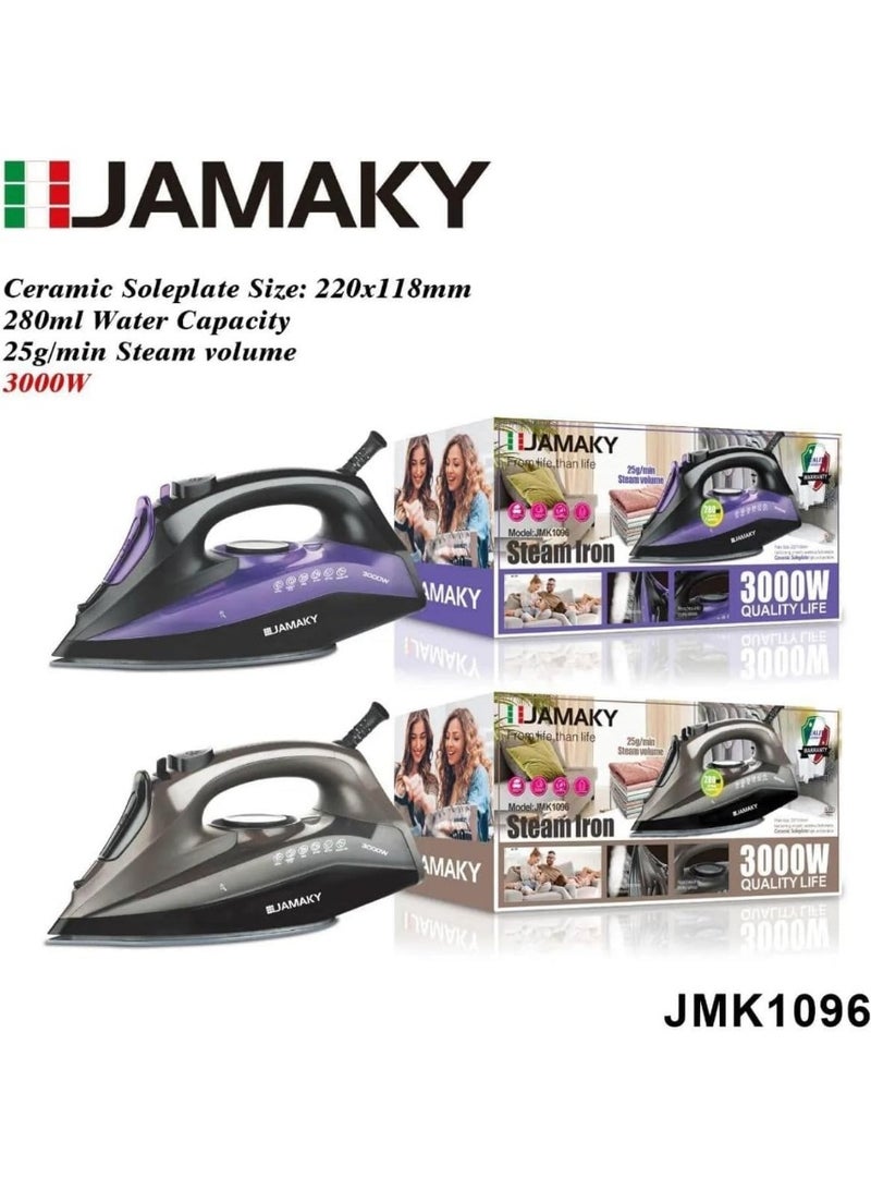 JAMAKY Jamaki Steam Iron, 3000W, 280ml Tank JMK 1096 - Image 2