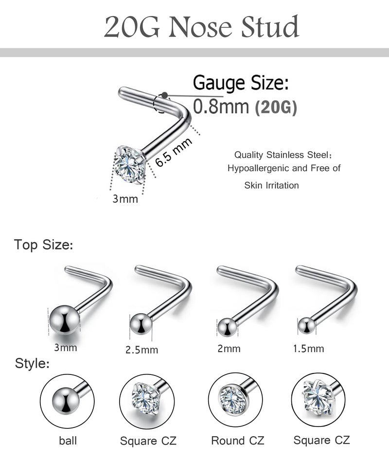 Monily 16pcs 20g Stainless Steel Nose Stud for Women 20g Nose Ring Surgical Steel L Shape Nose Stud 1.5 mm 2 mm 2.5 mm 3 mm CZ Body Piercing for Women Men (20G, Pin Length 6.5 mm L) - Image 5