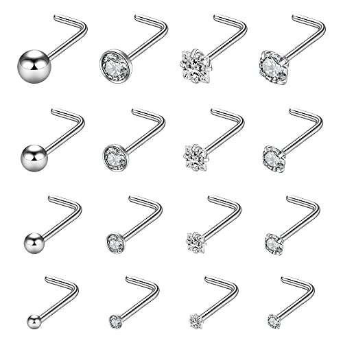 Monily 16pcs 20g Stainless Steel Nose Stud for Women 20g Nose Ring Surgical Steel L Shape Nose Stud 1.5 mm 2 mm 2.5 mm 3 mm CZ Body Piercing for Women Men (20G, Pin Length 6.5 mm L) - Image 1