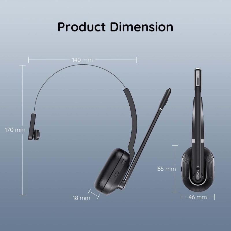 EKSA Bluetooth Headset, Wireless Headphones with AI-Powered Environmental Noise Cancelling Microphone (ENC) & Fast Charging Stand, Lightweight, 45Hrs On-Ear Headphone with USB Dongle for PC (Black) - Image 5