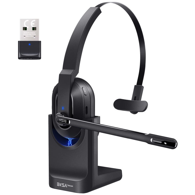 EKSA Bluetooth Headset, Wireless Headphones with AI-Powered Environmental Noise Cancelling Microphone (ENC) & Fast Charging Stand, Lightweight, 45Hrs On-Ear Headphone with USB Dongle for PC (Black) - Image 1