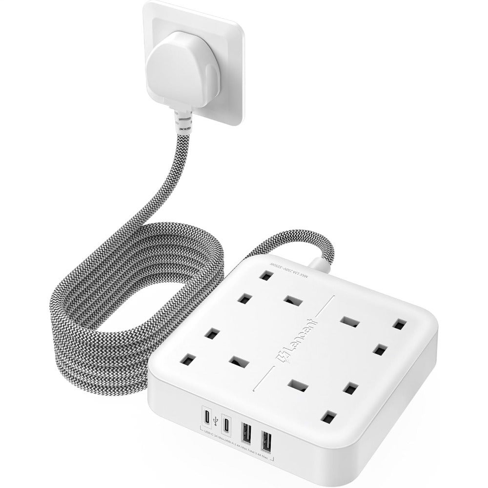 Extension Lead with USB C Port, 4 Way Outlets Power Strip 3250W for home office use, ABS plastic, black, surge protection and compact design