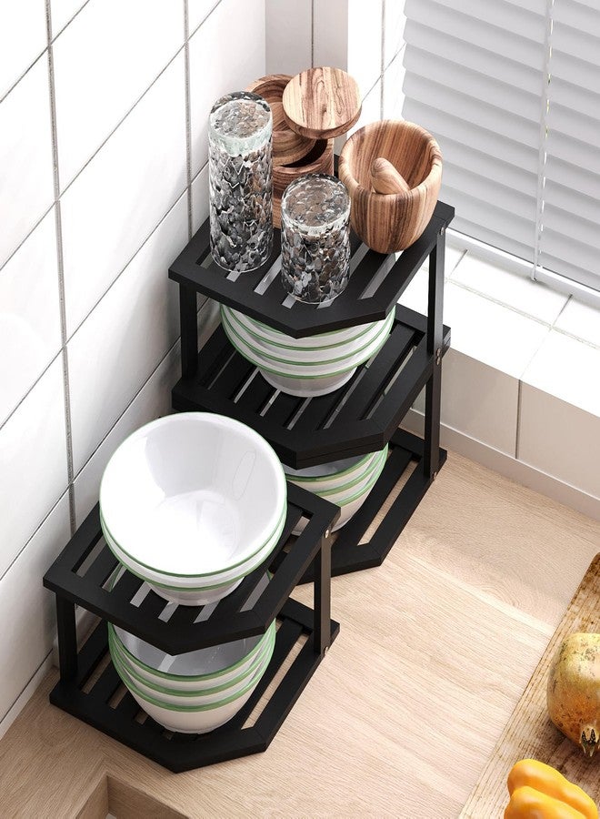 VERTORGAN Bamboo Corner Shelf(3 Pack),2 Tier Plate Organizer for Cabinet and Countertop,Pantry Dish and Spice Rack for Kitchen(Black) - Image 4