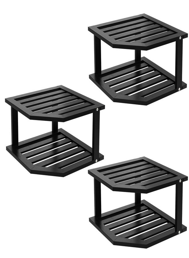 VERTORGAN Bamboo Corner Shelf(3 Pack),2 Tier Plate Organizer for Cabinet and Countertop,Pantry Dish and Spice Rack for Kitchen(Black) - Image 1