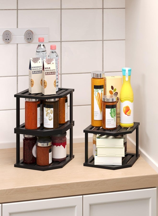 VERTORGAN Bamboo Corner Shelf(3 Pack),2 Tier Plate Organizer for Cabinet and Countertop,Pantry Dish and Spice Rack for Kitchen(Black) - Image 2