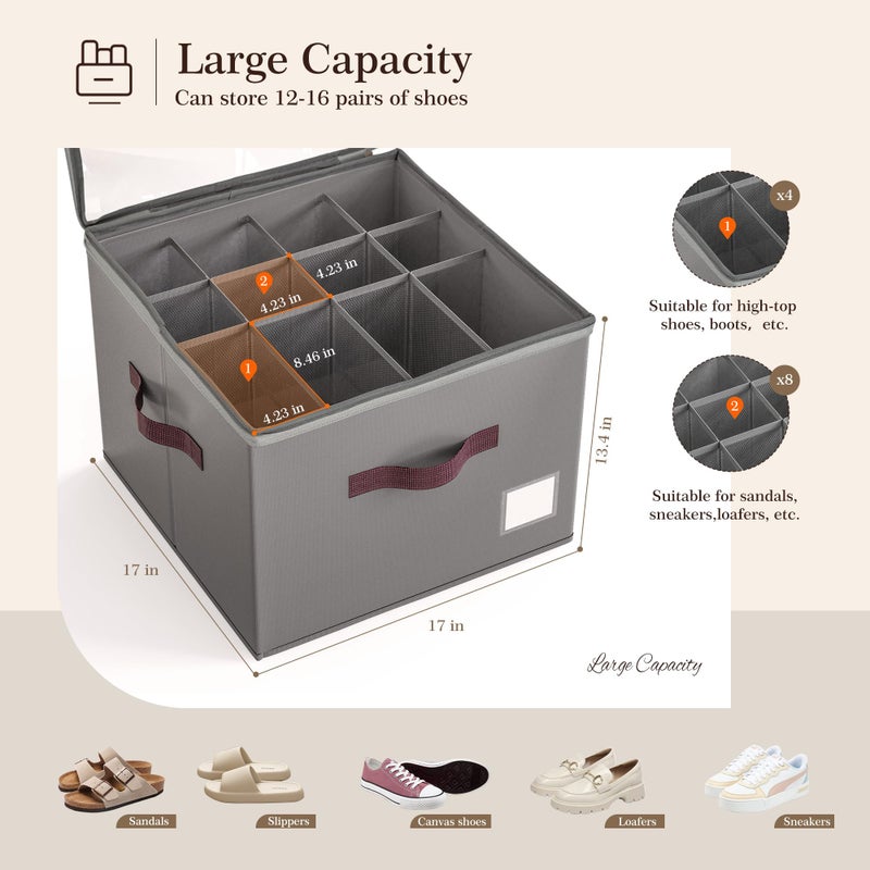 Criusia Shoe Organizer for Closet, 2 Pack Shoe Organizer with Transparent Cover and Sturdy Handles, Closet Shoe Storage for Sneakers Sandals Slippers, Fit 12-16 Pairs, Gray - Image 2