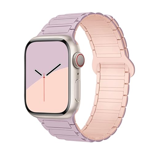 GUOi® Magnetic Silicone Watchband Compatible with Apple Watch Ultra 2＆Ultra 49mm 45mm 44mm 42mm 46mm-Men&Women Strap for iWatch Se10/9/8/7/6/5/4/3/2/1 SE 46/44/45/49/42mm(Series 3/2/1)-Purple+Pink - Image 1