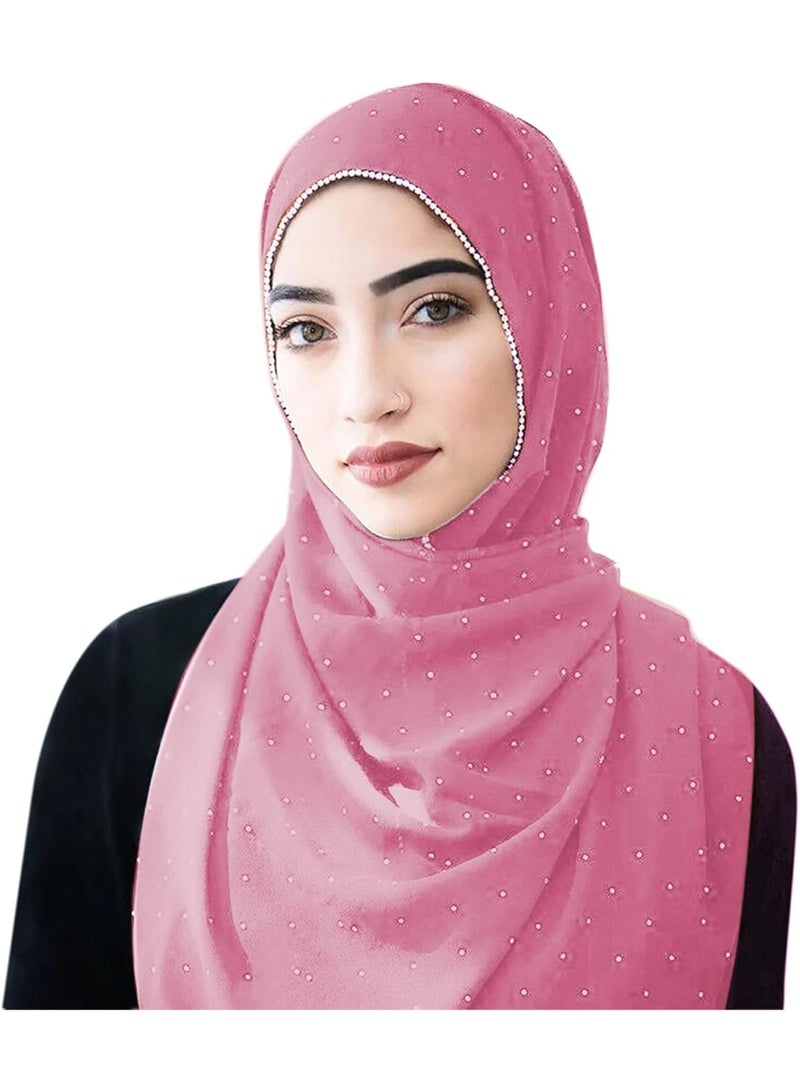2Pcs Dusty Pink Rhinestone Pearl Chiffon Hijab Scarf 180x70cm, Sparkling Gold Beaded Trim Muslim Women Head Wrap for Worship Wedding Daily Wear - Image 3