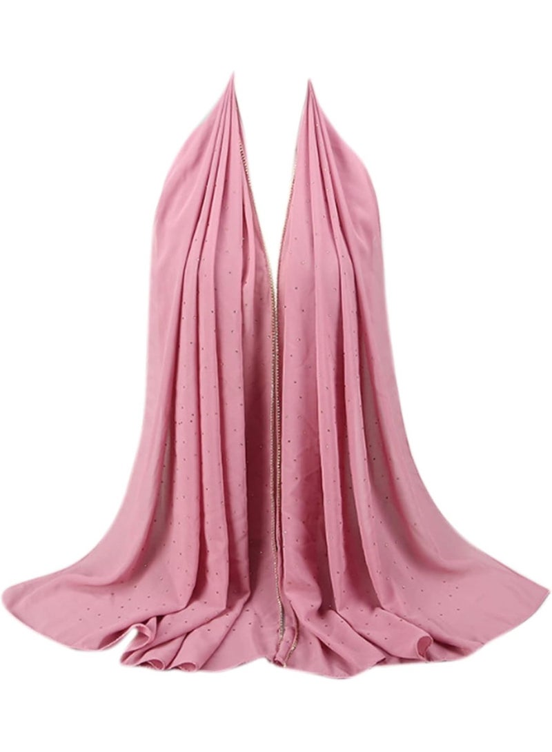 2Pcs Dusty Pink Rhinestone Pearl Chiffon Hijab Scarf 180x70cm, Sparkling Gold Beaded Trim Muslim Women Head Wrap for Worship Wedding Daily Wear - Image 2