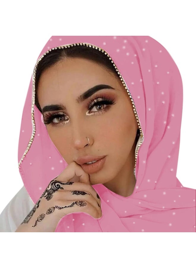 2Pcs Dusty Pink Rhinestone Pearl Chiffon Hijab Scarf 180x70cm, Sparkling Gold Beaded Trim Muslim Women Head Wrap for Worship Wedding Daily Wear - Image 1