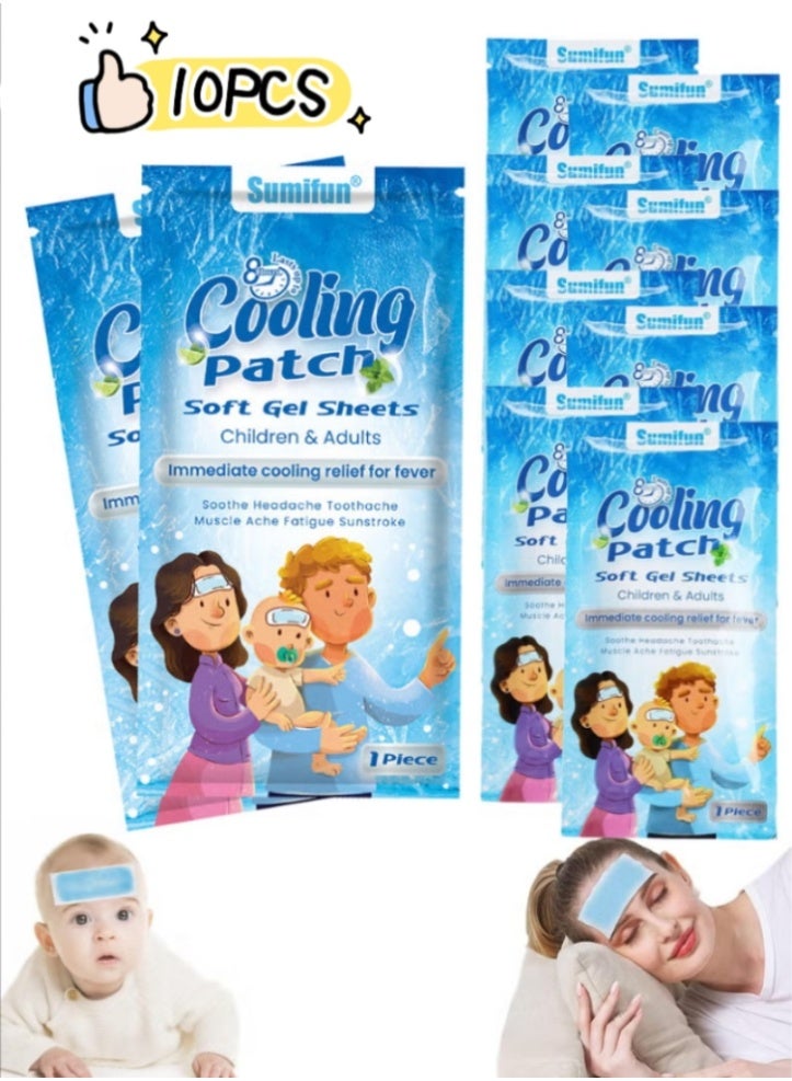 سوميفون عبوة من 10 لصقات خافضة للحرارة - تبريد فيزيائي لخفض الحرارة، وتسكين طبيعي للصداع والصداع النصفي، لصقات جل ناعمة، لصقات خافضة للحرارة للأطفال، وتسكين صداع التوتر/التهاب الجيوب الأنفية، ولصقات للوقاية من الصداع وتبديد الحرارة. - Image 1