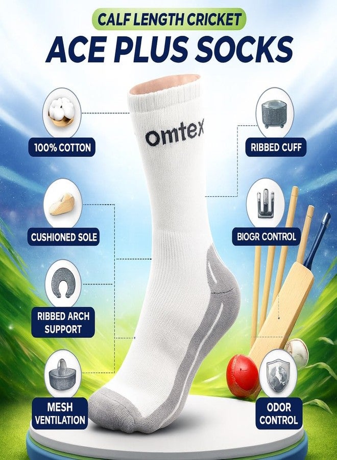 omtex Calf Length Cricket ACE Plus Socks For Comfort And Sweat Absorption, Elastic For Sturdy Grip And Durability (Off-White) - FREE SIZE (Pack of 1) - Image 3