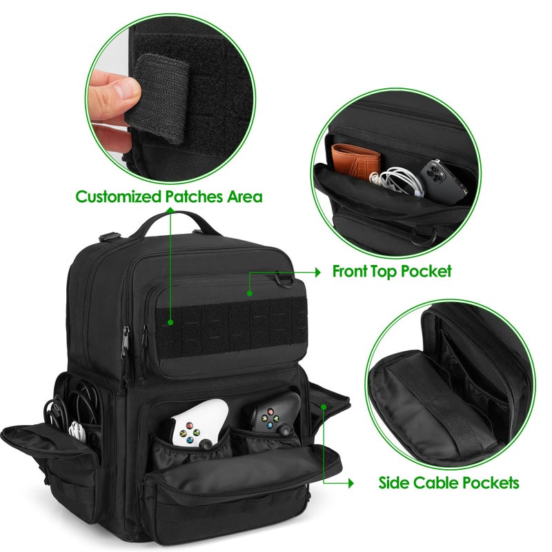 PGmoon Travel Tactical Backpack Compatible with Xbox Series X Console Carrying Case Bag with Individual Room for Console, Plenty of Pockets for Controllers, Headphone and More(Patent Design) - Image 3