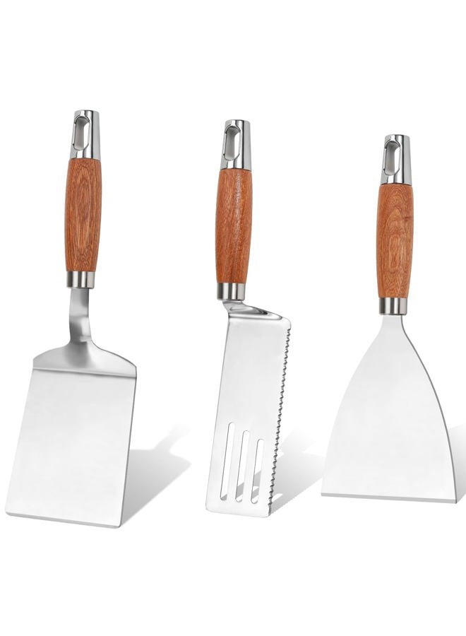 Vayvnt Stainless Steel Spatula Set of 3, Metal Spatulas Flippers for Cast Iron Skillet, Heavy Duty Solid&Slotted Turners, Griddle Scraper with Wooden Handle&Beveled Edge, Ideal for Cooking, Grilling - Image 1