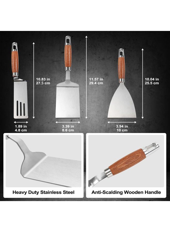 Vayvnt Stainless Steel Spatula Set of 3, Metal Spatulas Flippers for Cast Iron Skillet, Heavy Duty Solid&Slotted Turners, Griddle Scraper with Wooden Handle&Beveled Edge, Ideal for Cooking, Grilling - Image 2