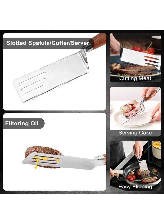 Vayvnt Stainless Steel Spatula Set of 3, Metal Spatulas Flippers for Cast Iron Skillet, Heavy Duty Solid&Slotted Turners, Griddle Scraper with Wooden Handle&Beveled Edge, Ideal for Cooking, Grilling - Image 4
