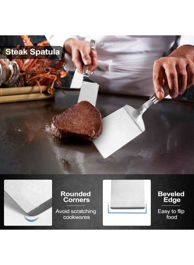 Vayvnt Stainless Steel Spatula Set of 3, Metal Spatulas Flippers for Cast Iron Skillet, Heavy Duty Solid&Slotted Turners, Griddle Scraper with Wooden Handle&Beveled Edge, Ideal for Cooking, Grilling - Image 3