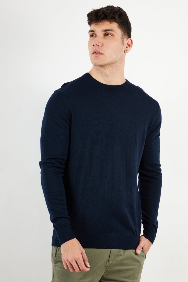 Tchibo Men Crew Neck Ribbed Long Sleeve Sweatshirt, Navy Blue  - Image 1
