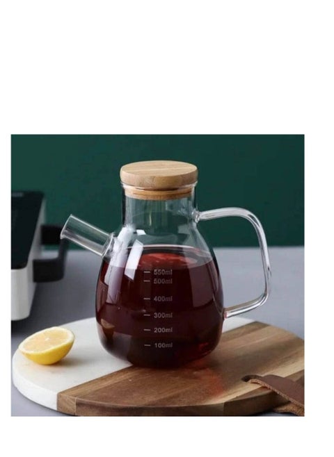 Oil And Vinegar Bottle, Transparent Heat Resistant Borosilicate Glass, With Handle -Bamabo wood lid -(550ML)