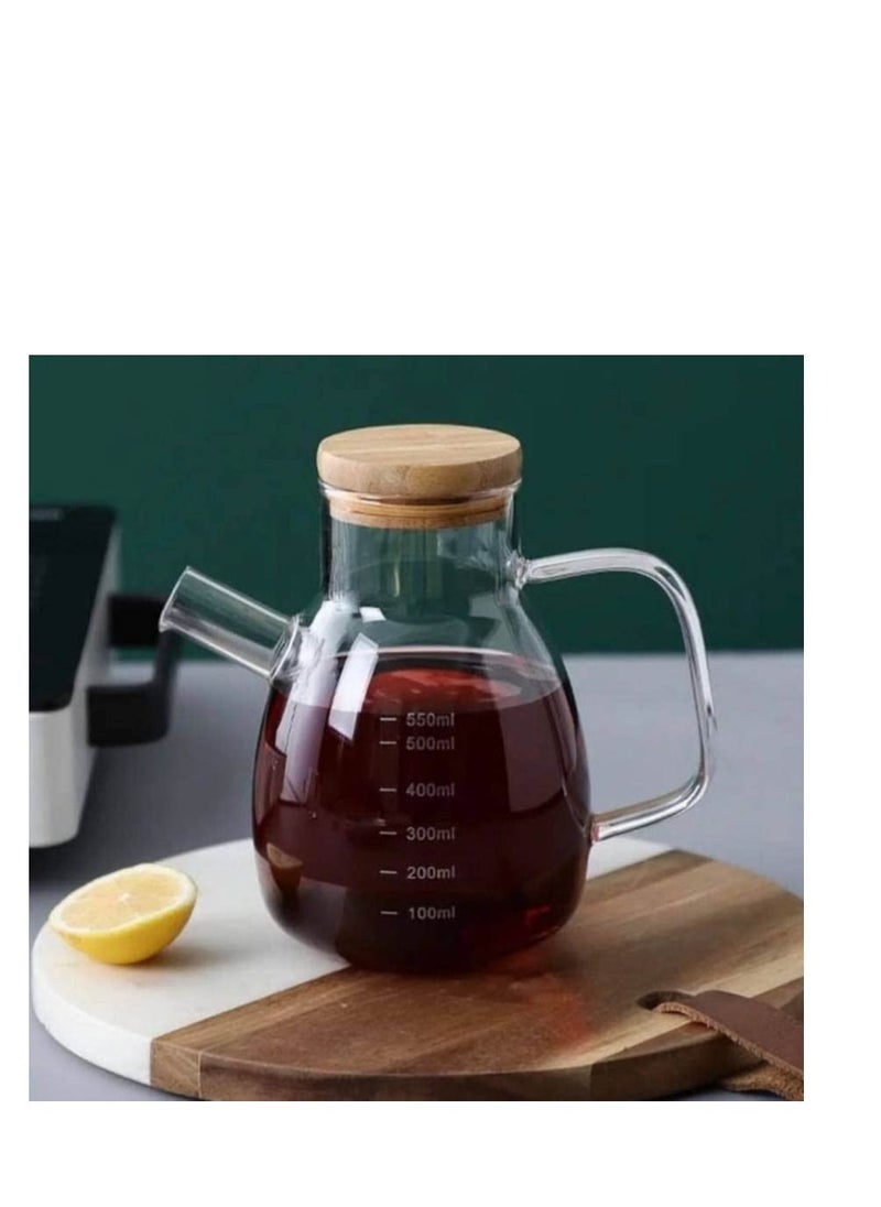 Generic - Oil And Vinegar Bottle, Transparent Heat Resistant Borosilicate Glass, With Handle -Bamabo wood lid -(550ML) - Image 1
