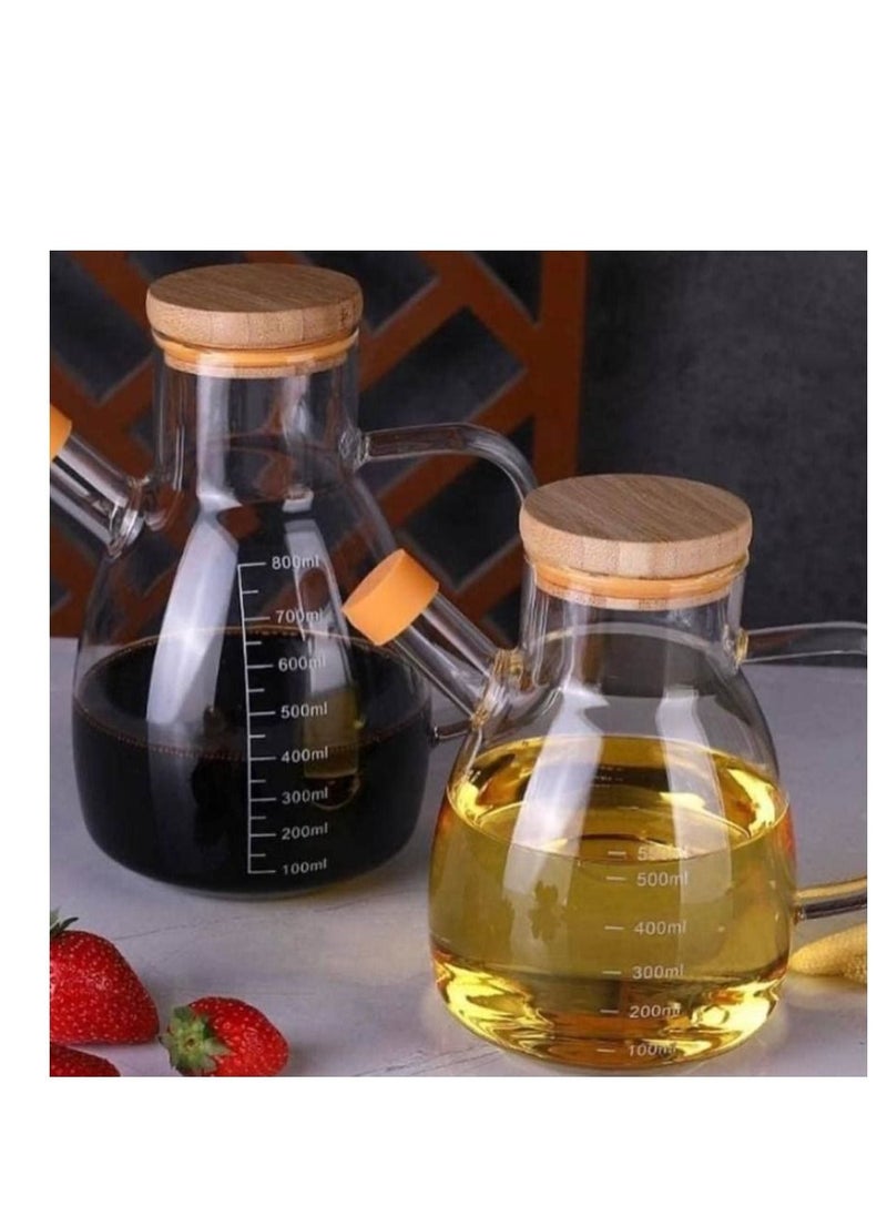 Generic - Oil And Vinegar Bottle, Transparent Heat Resistant Borosilicate Glass, With Handle -Bamabo wood lid -(550ML) - Image 1
