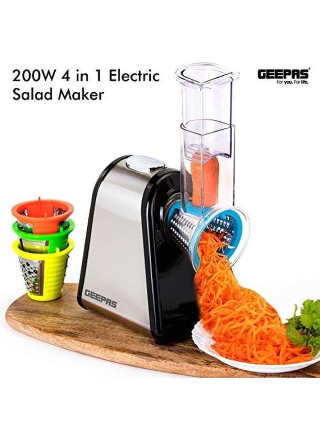 GEEPAS - 200W 4 In 1 Electric Salad Maker Electric Multi Grater Fruit Cutter Vegetable Slicer Shredder Food Processor Cylinder Design With 4 Cone Blades Set 2 Year Warranty - Image 1
