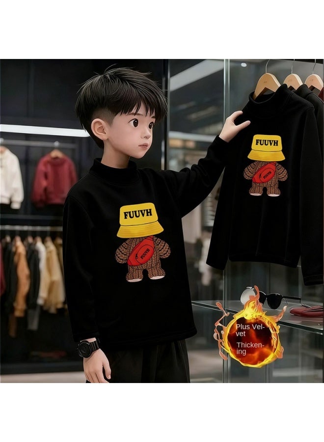 Boys And Girls' Thick Half High Neck Velvet Bottom Shirt, Autumn And Winter New Warm Baby Long Sleeve T-shirt