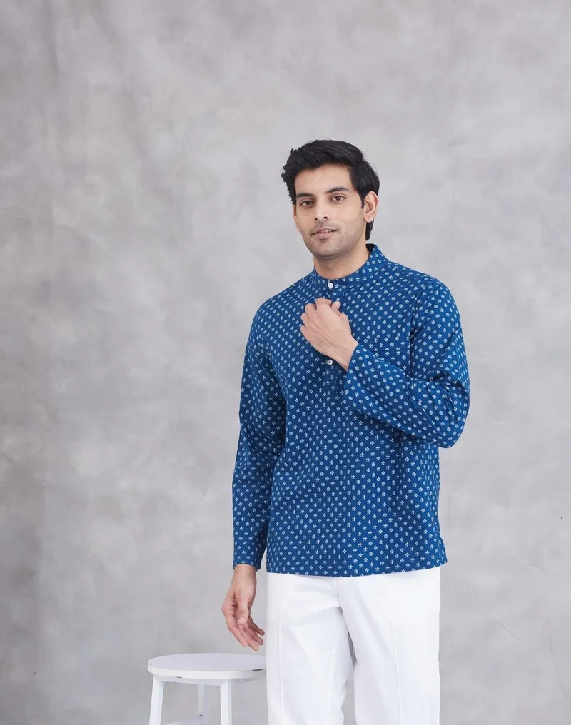 Fabindia Blue Cotton Printed Mid Placket Shirt