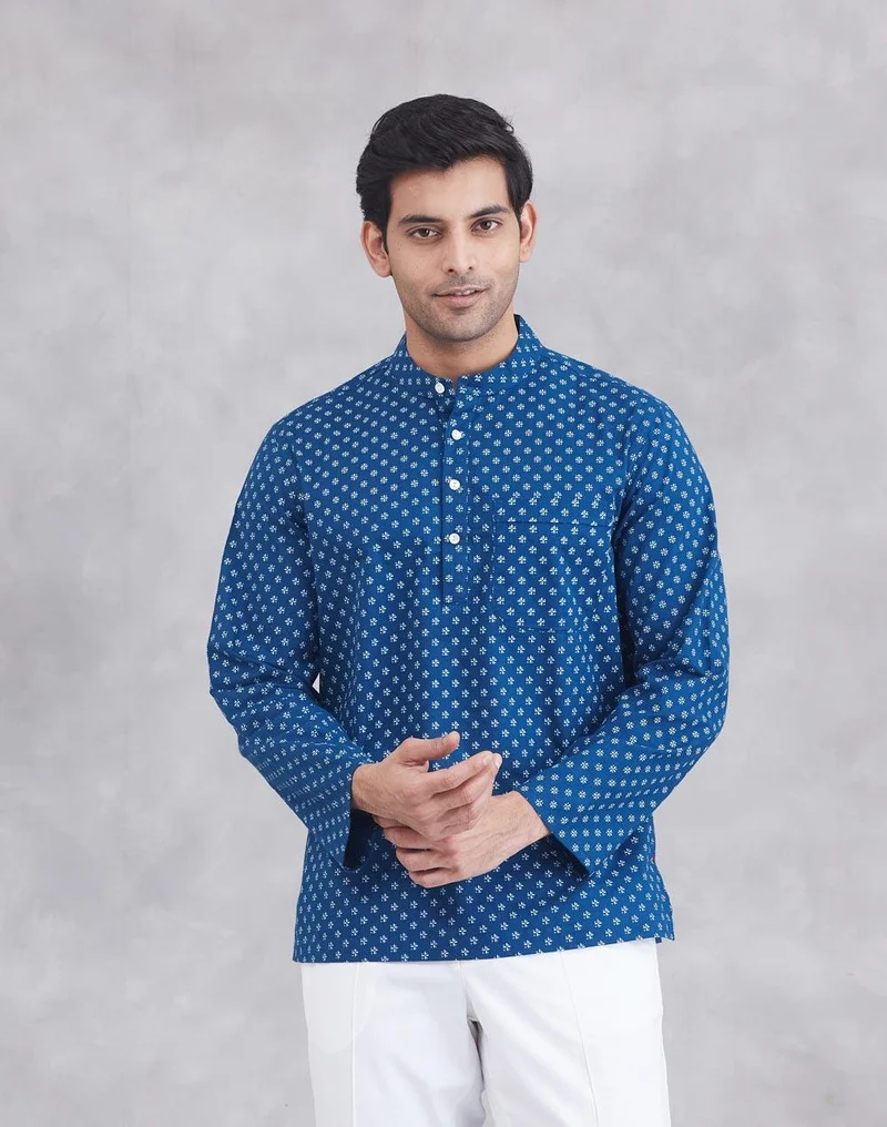 Fabindia Blue Cotton Printed Mid Placket Shirt