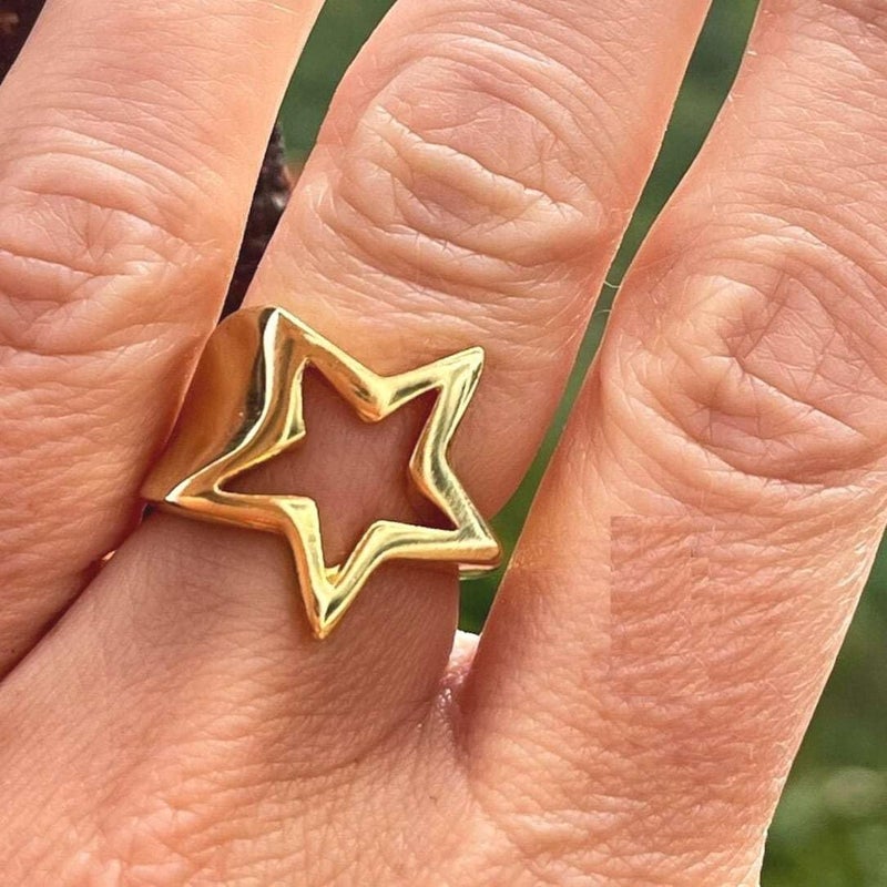Cykdohy Y2K Hollow Star Open Band Statement Ring Punk Aesthetic for Women Men Stainless Steel Chunky Gothic Grunge Adjustable Stackable Finger Knuckle Rings Vintage Minimalist Silver Comfort Fit Jewelry (Gold) - Image 3