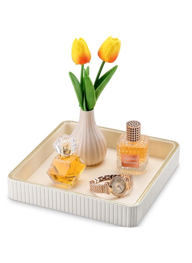 GORESE Square Nightstand Tray Perfume Organizer, Leather Decorative Tray, Purse Bowl Catch All Trays for Trinket Keys, Valet Jewelry Trays for Vanity, Gift for Women & Men, Cream White(9.3'' × 9.3'') - Image 1