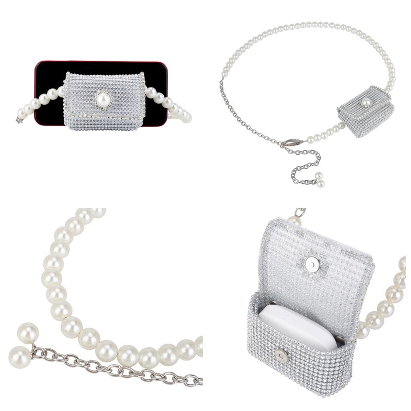 Ayliss Chain Belt Bag for Women Pearl Crossbody Waist Purse Y2K Fanny Pack Pearl Mini Belt Bag Purse Sparkly Rhinestone (Silver) - Image 4