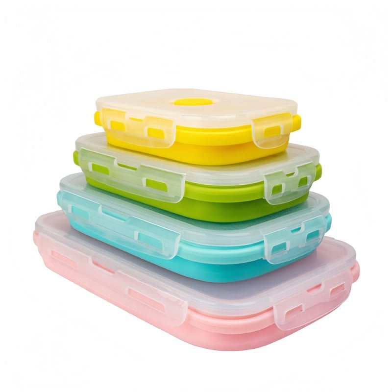 CozyKit Set of 4, Collapsible Silicone Food Storage Container, Leftover Meal Box for Kitchen, Lunch Boxes with Clip-on Lid, Stackable, Space Saving, Dishwasher Safe, BPA Free - Image 1